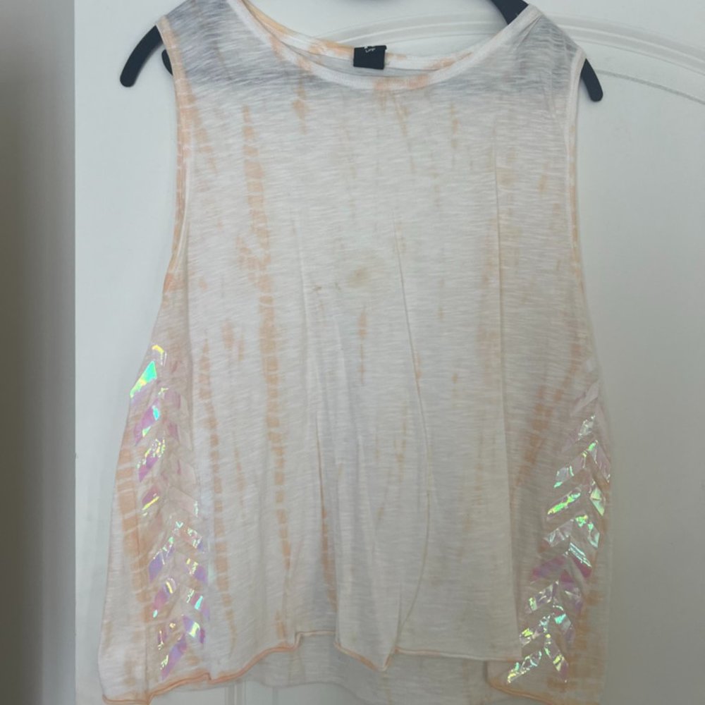 Soft orange tie dye tank with iridescent sides